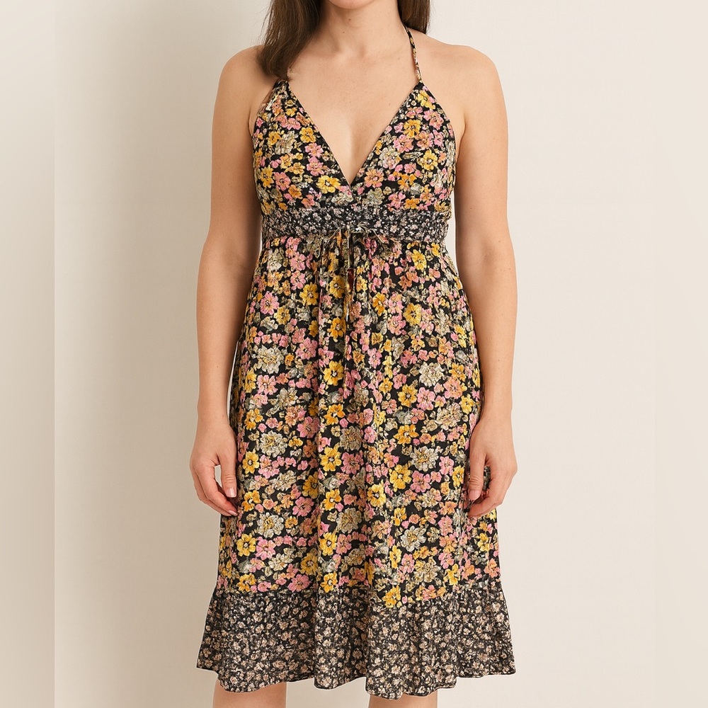 H&M Floral Summer Light Flowey Halter Dress with Yellow and Pink Accents Size 14